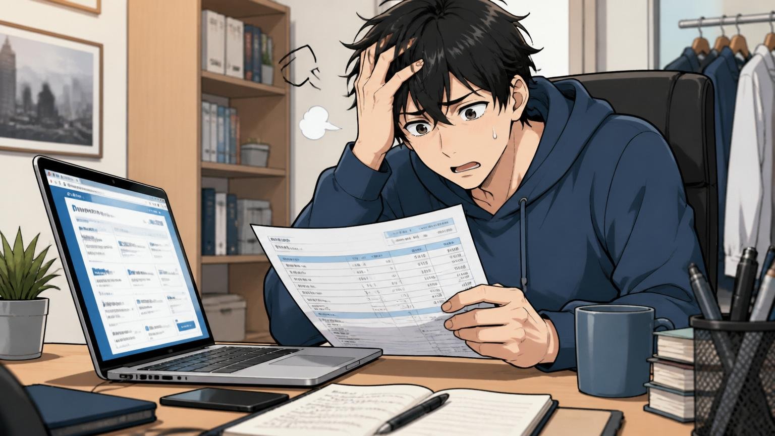 自宅のデスクで20代男性エンジニアが給与明細とノートPCの転職サイトを見比べてため息をついている