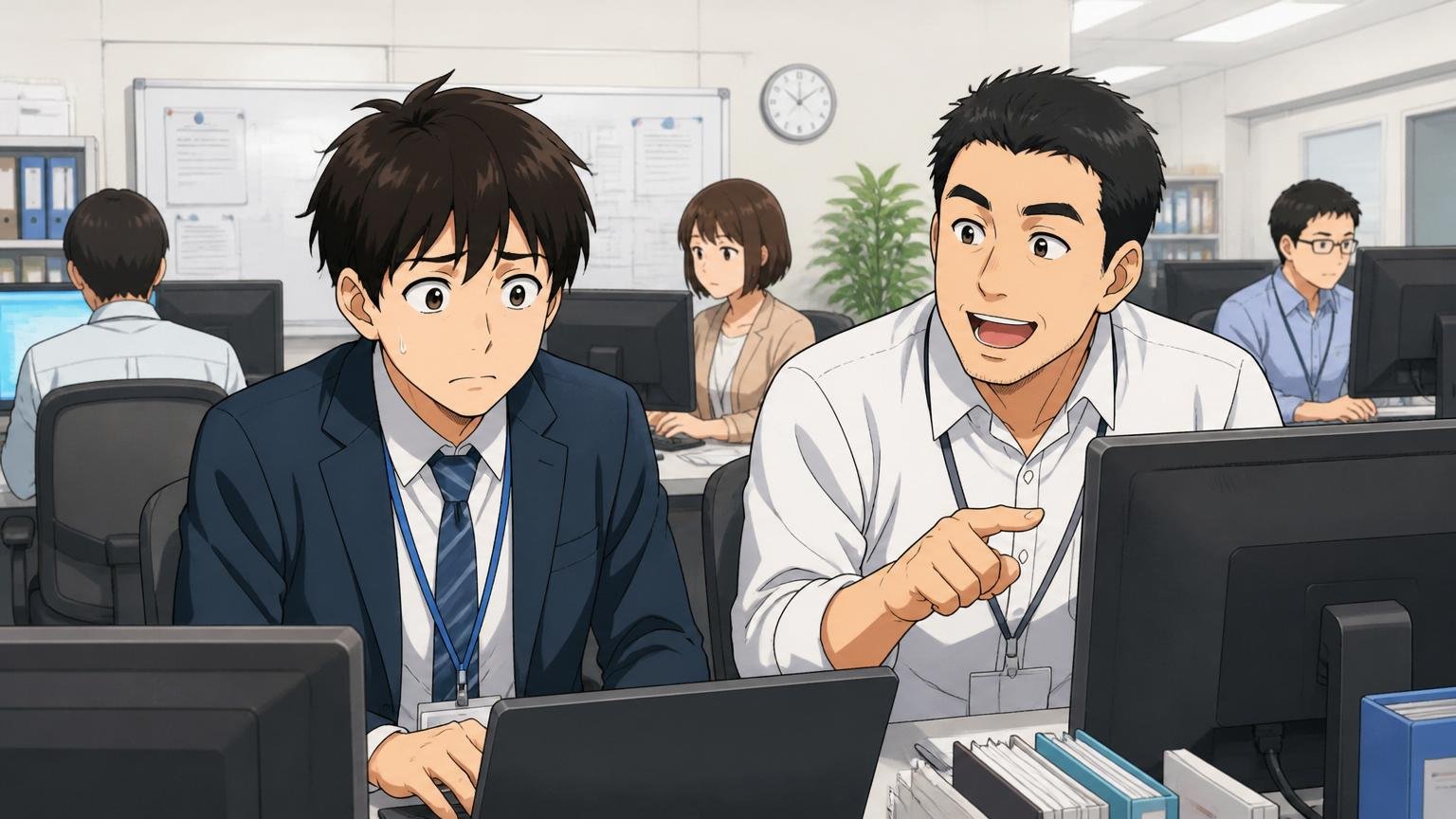 客先常駐のオフィスでアドソル日進から派遣された男性エンジニアが顧客社員の隣で慣れない雰囲気でPC作業をしている