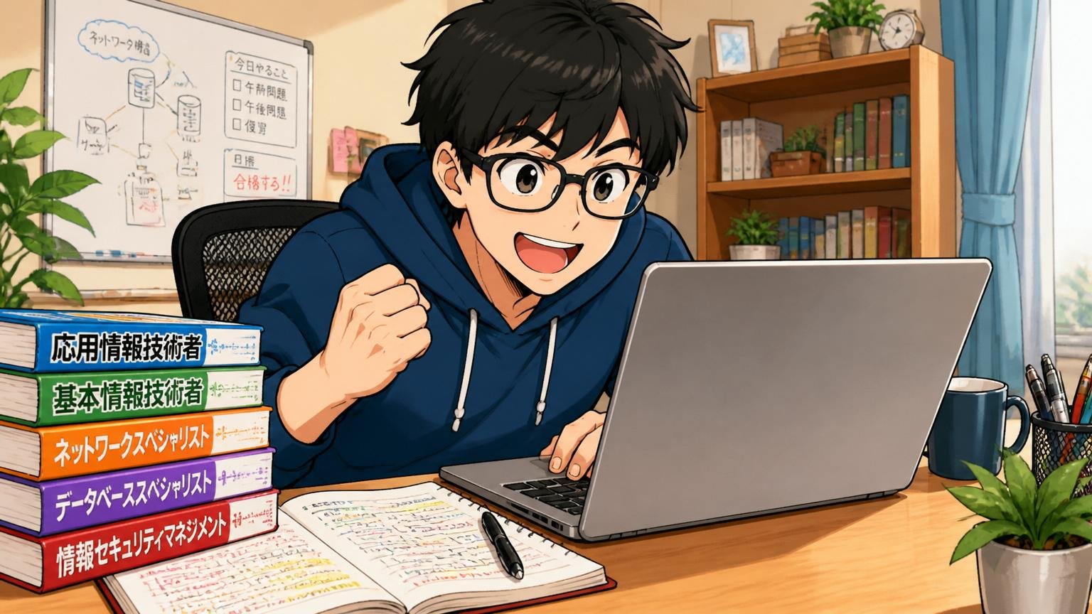 資格本とノートPCで自己学習するエンジニア、自宅のデスクで在宅勤務、笑顔で集中する様子