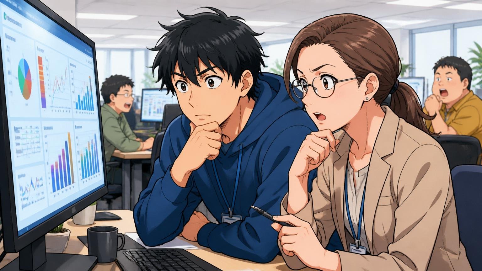 Web系企業のオフィスでKPIダッシュボードを真剣に見つめる若手男性エンジニアと中堅女性