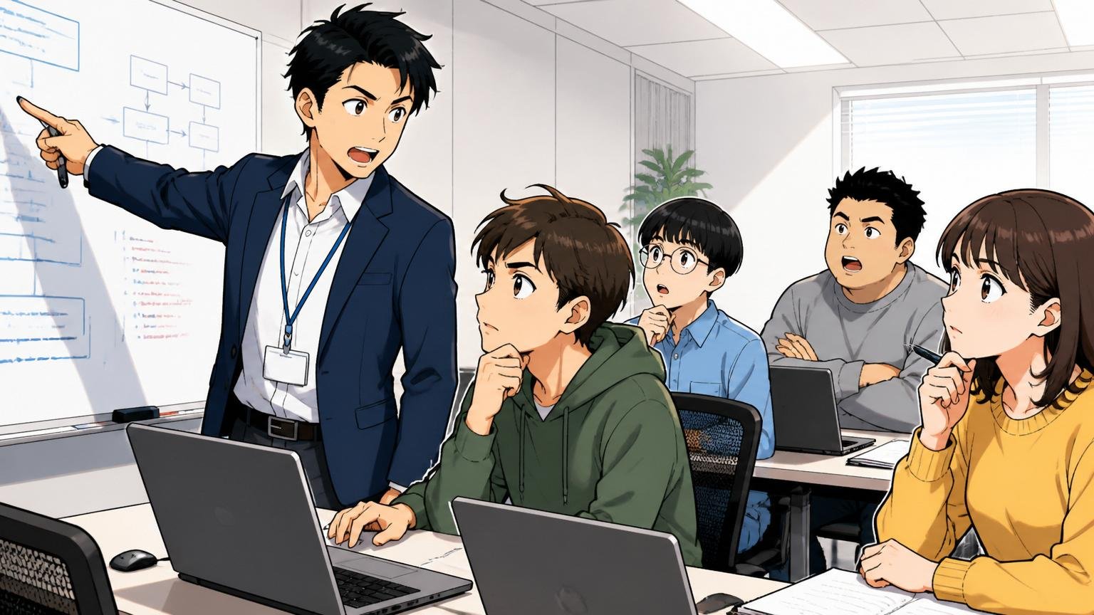 未経験から学べる研修NIA。IT企業の研修ルームで講師に教わる新人エンジニア数人が真剣な表情