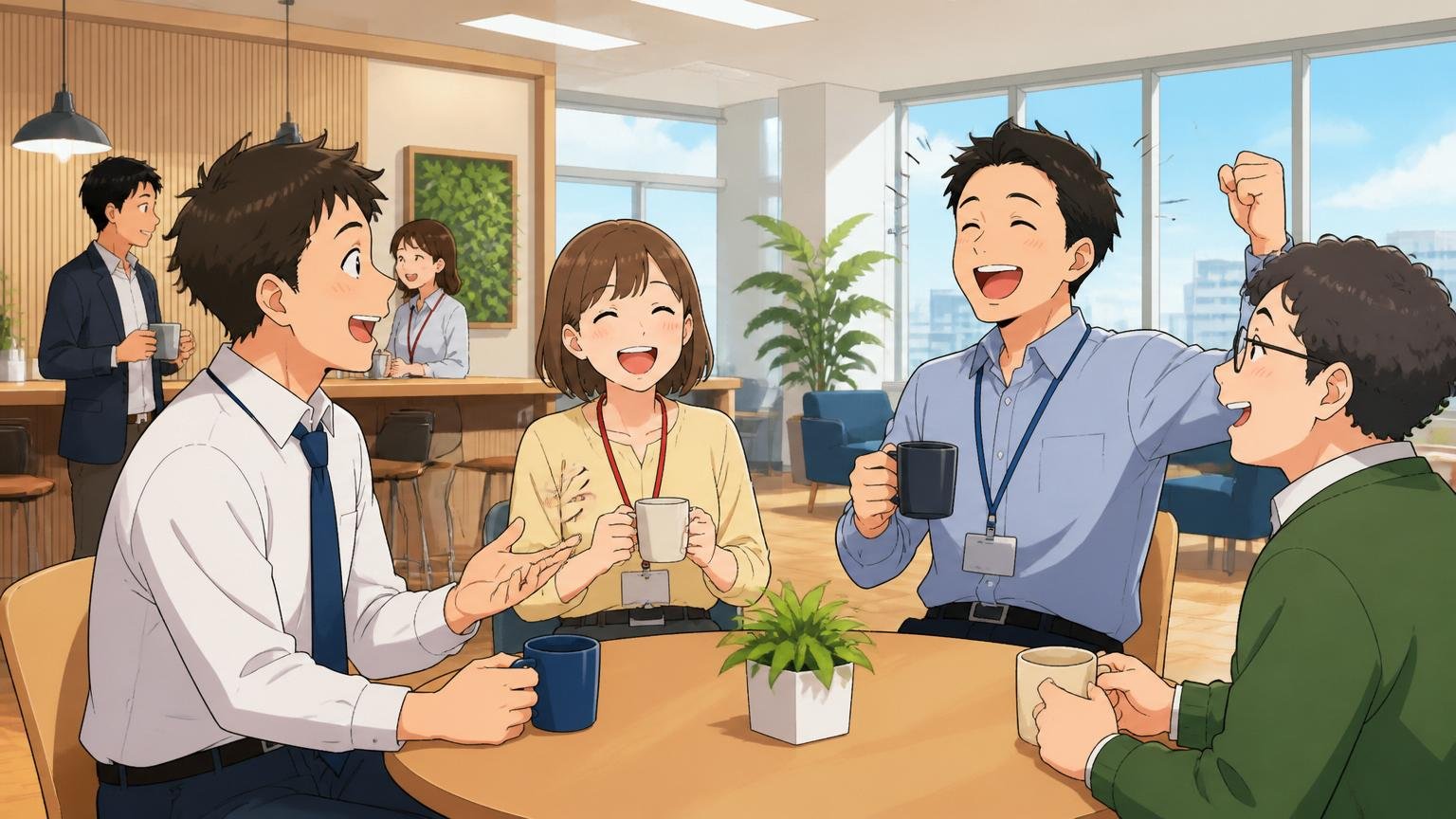 京セラグループ入りで待遇環境が変わった。きれいな企業オフィスのカフェスペースで社員数人がリラックスして談笑し笑顔