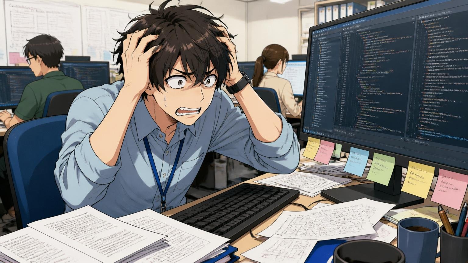古いコードに頭を抱える開発者。SIerの開発現場で男性エンジニア1人が複雑な画面を前に困惑した表情を浮かべている