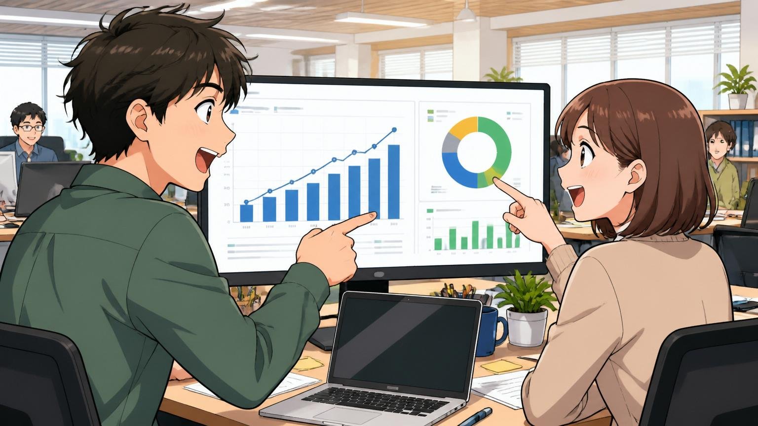 月平均残業時間と有給消化率を確認するシーン IT企業のオープンスペース 男女2人が画面の数字を指して話す