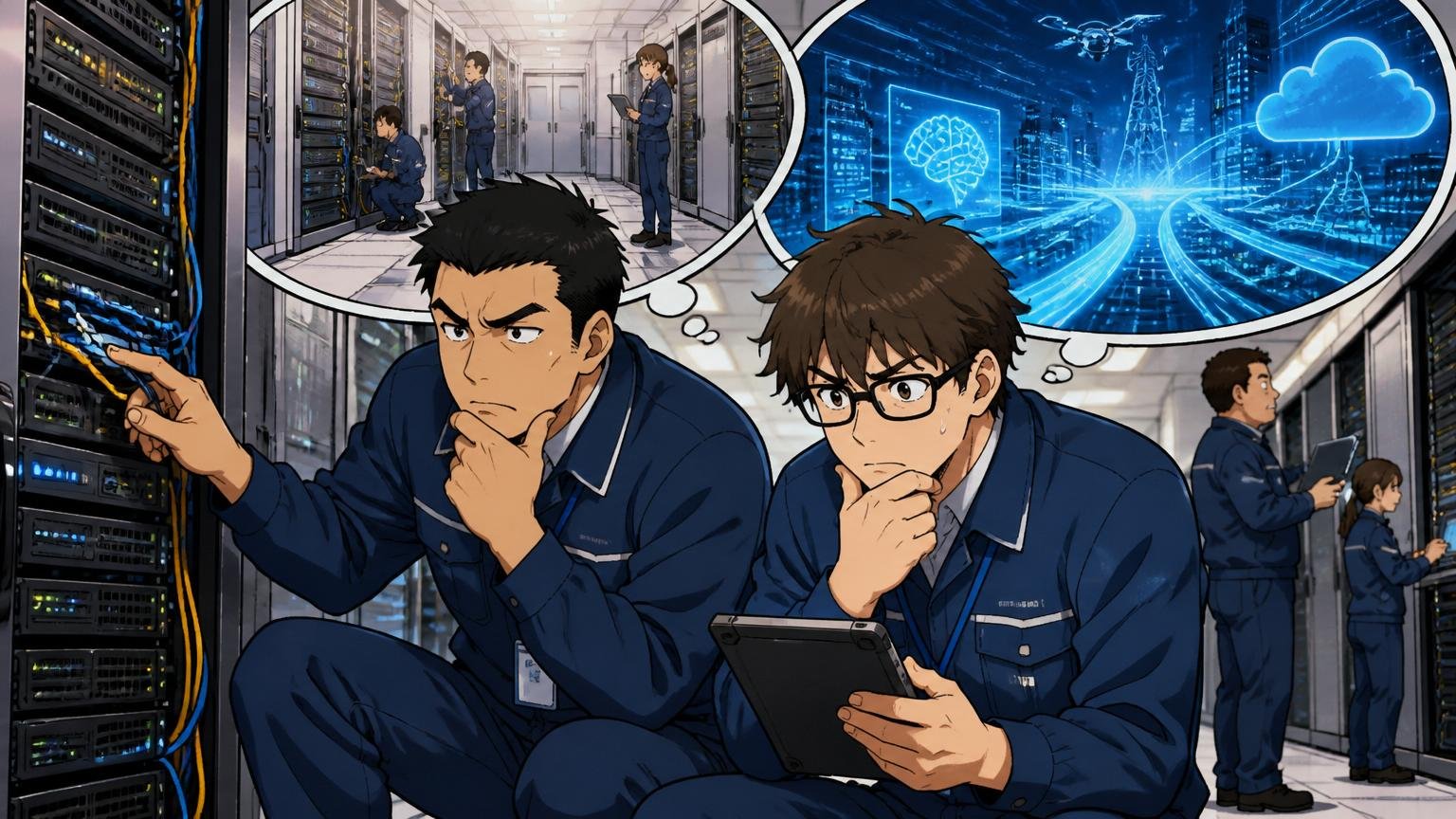 保守運用中心か最先端技術か|通信会社のデータセンター|エンジニア2人|機器を保守しながら考え込む表情