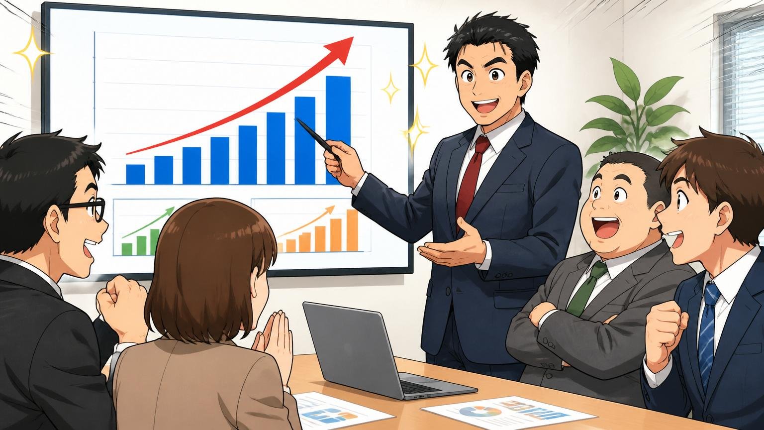 売上高や利益が連続で右肩上がり|会議室で業績グラフのモニターを指し笑顔で説明する40代男性と聞く社員