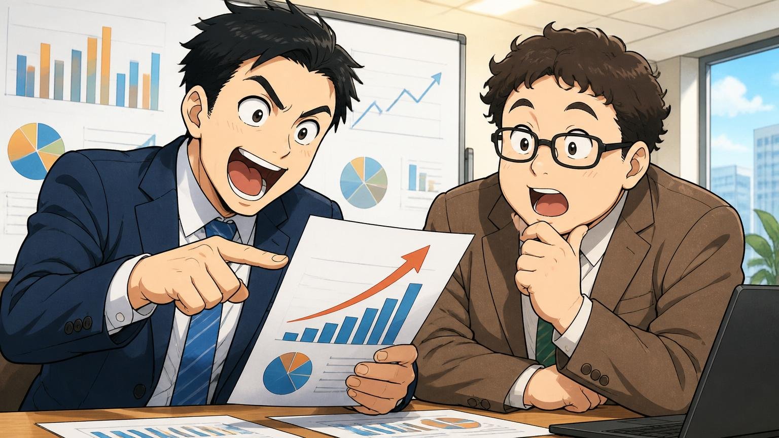 資金調達と事業規模から見る経営の地力/会議室で成長グラフの資料を見るビジネスパーソン2人