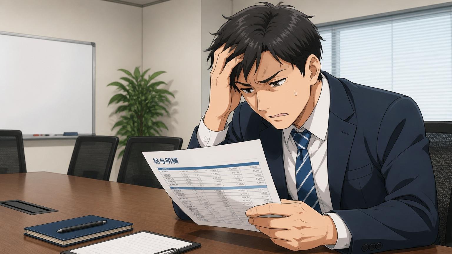 企業の静かな会議室で紙の給与明細を手に持ち浮かない表情で頭を抱えて悩むスーツ姿の30代男性社員
