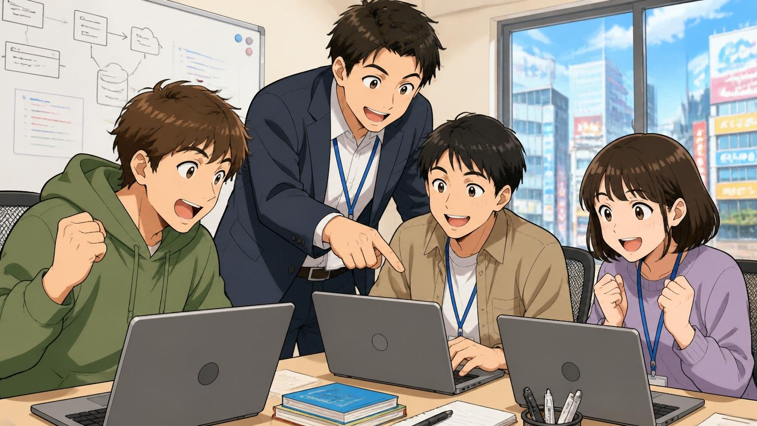 研修制度と未経験の入口。秋葉原の研修ルームで20代の受講者3人がノートPCで学び講師が笑顔で指導