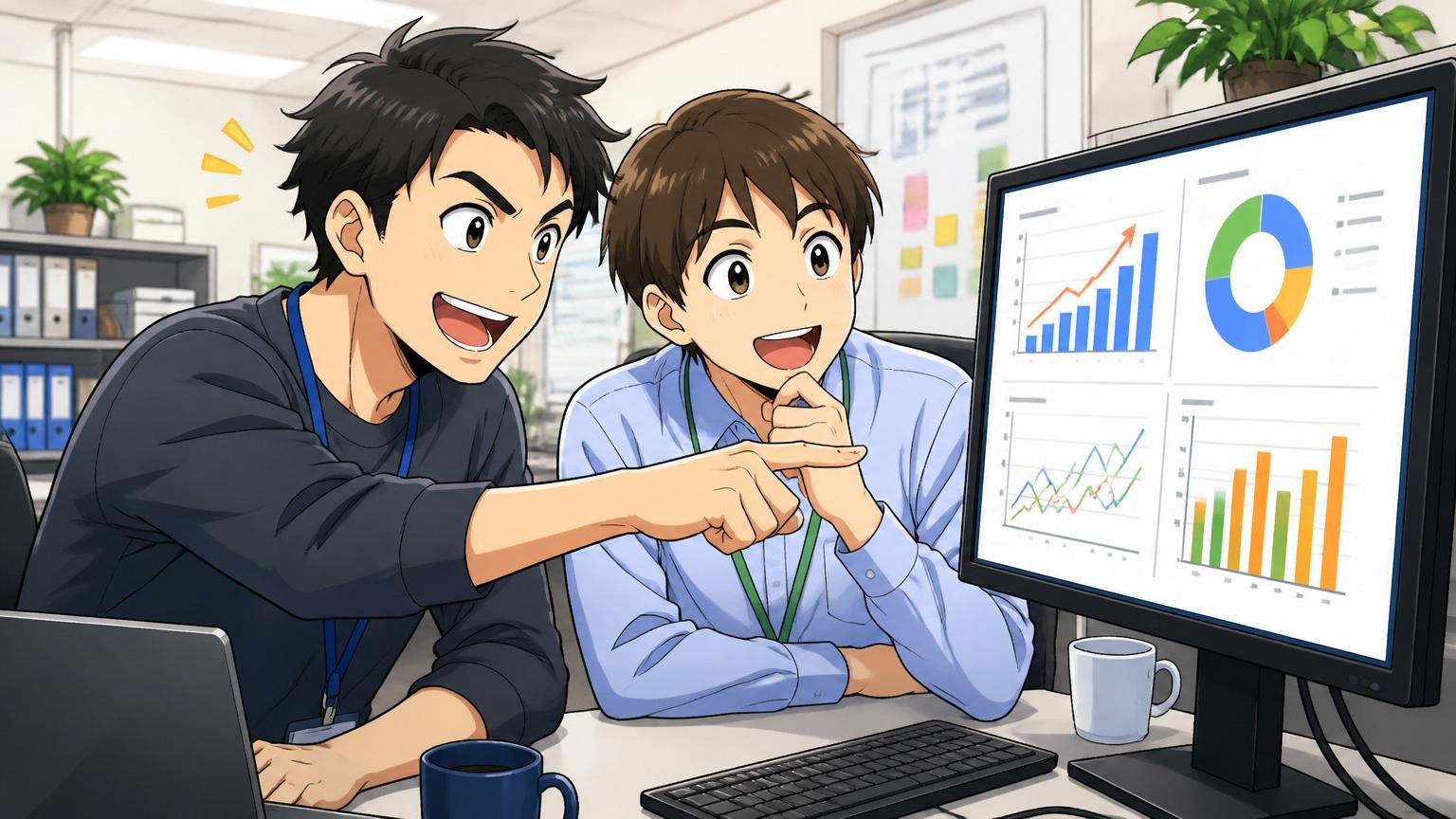 データ分析画面を見ながら笑顔で評価グラフを指差す中堅エンジニアと若手社員の前向きなオフィスシーン