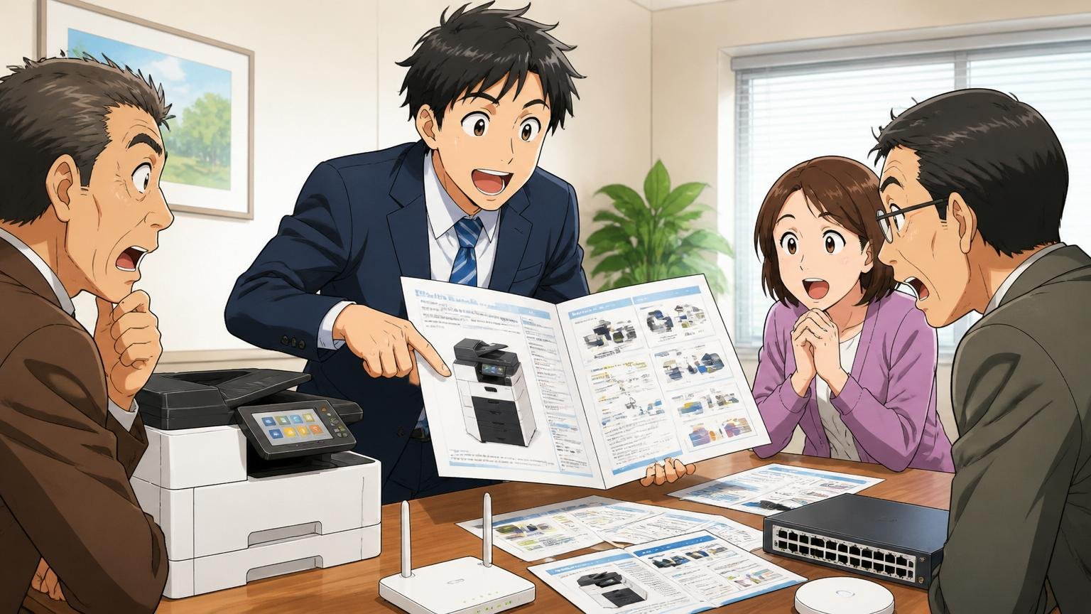 本業はOA機器・ICTソリューションのBtoB営業。中小企業の応接室で営業職が複合機やネットワーク機器の提案資料を広げている