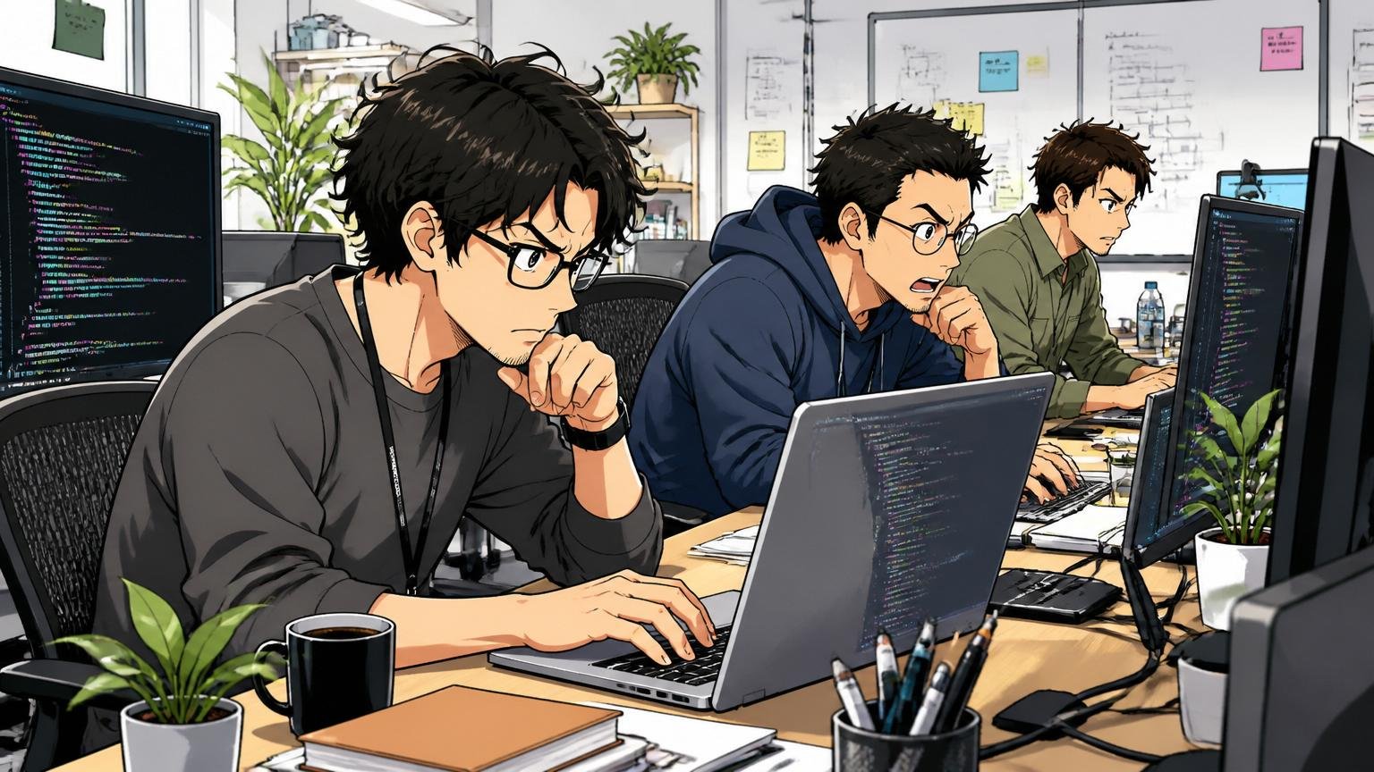 Web系スタートアップのオフィスで複数のディスプレイに向かいながら集中して業務に取り組む30代エンジニア3人