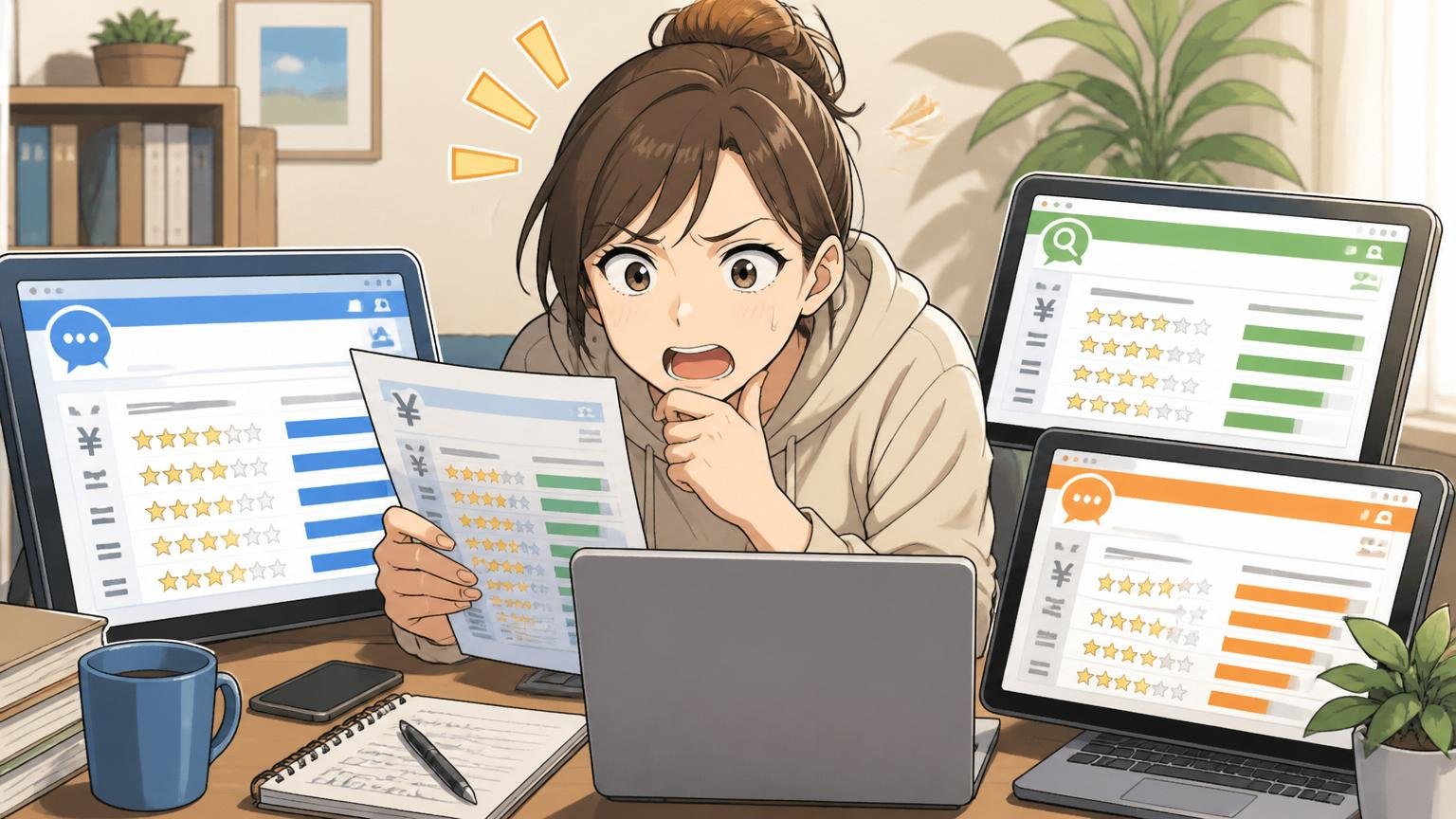 自宅のデスクで20代女性エンジニア1名が複数の口コミサイトを比較しながら年収を見比べる場面