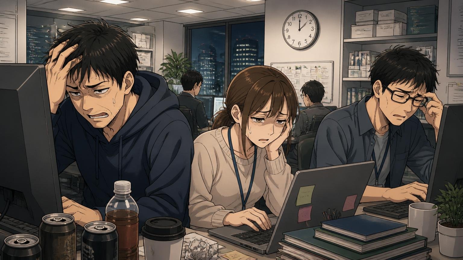 都内のSaaS企業の開発フロアで深夜まで働く30代男性エンジニア2名と30代女性エンジニア1名が疲れた表情