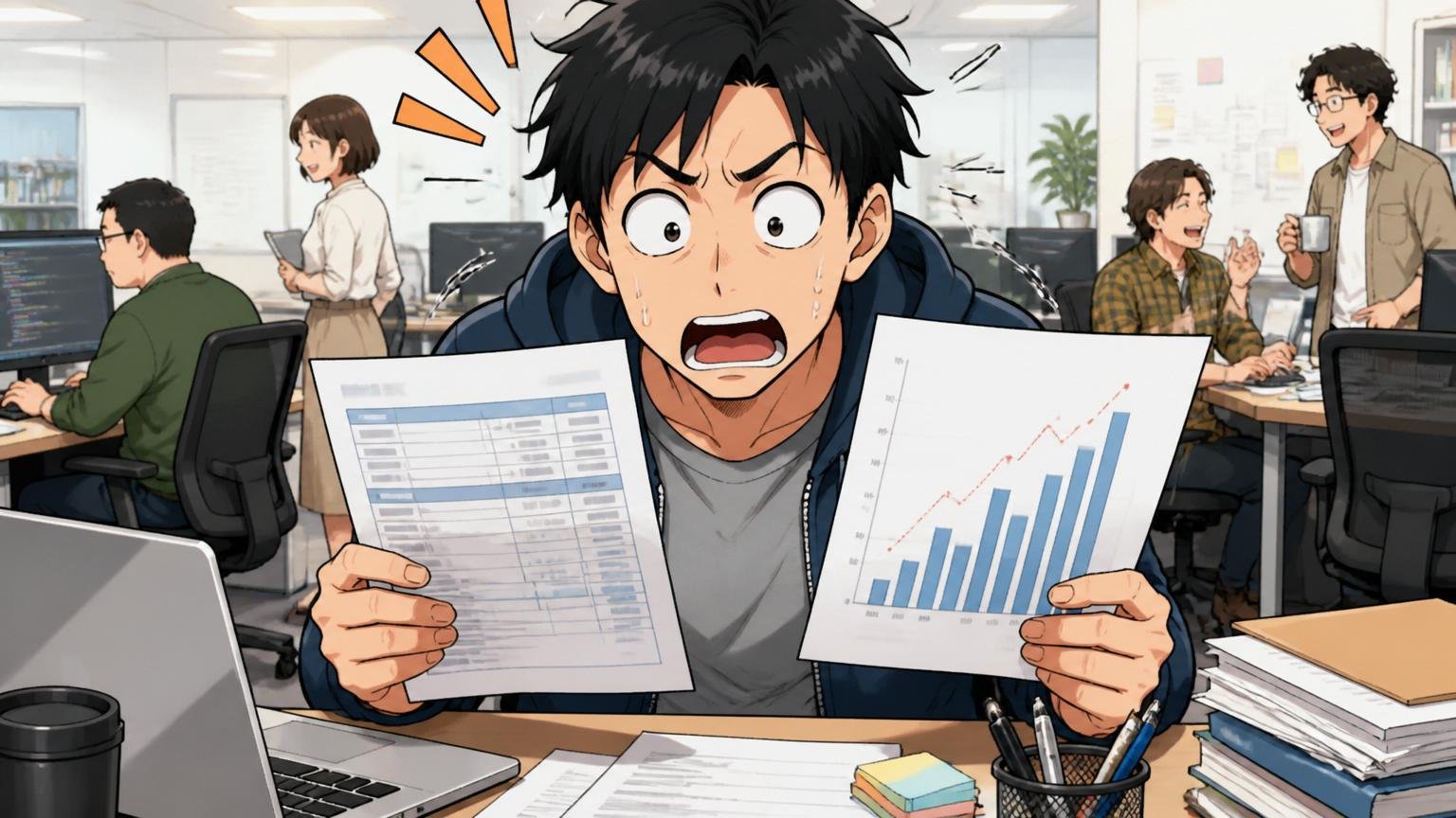 Web系IT企業のオフィスで30代のエンジニアが給与明細と業界平均年収のグラフを比較するシーン