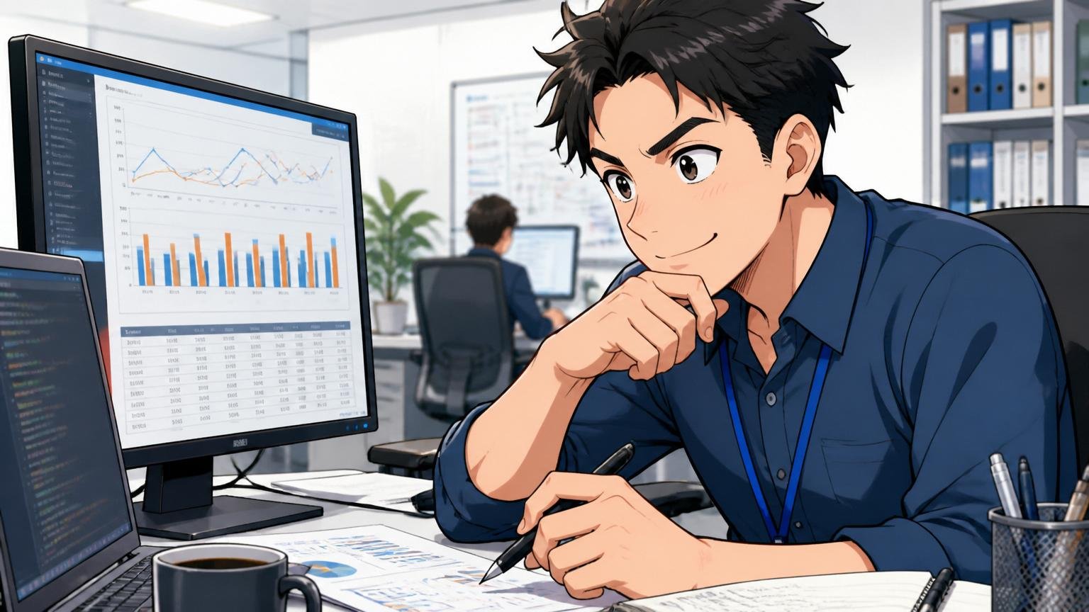 スコアの実態を冷静に分析するエンジニア。SIerの開発現場。男性1人。データのスコアを比較して納得する表情
