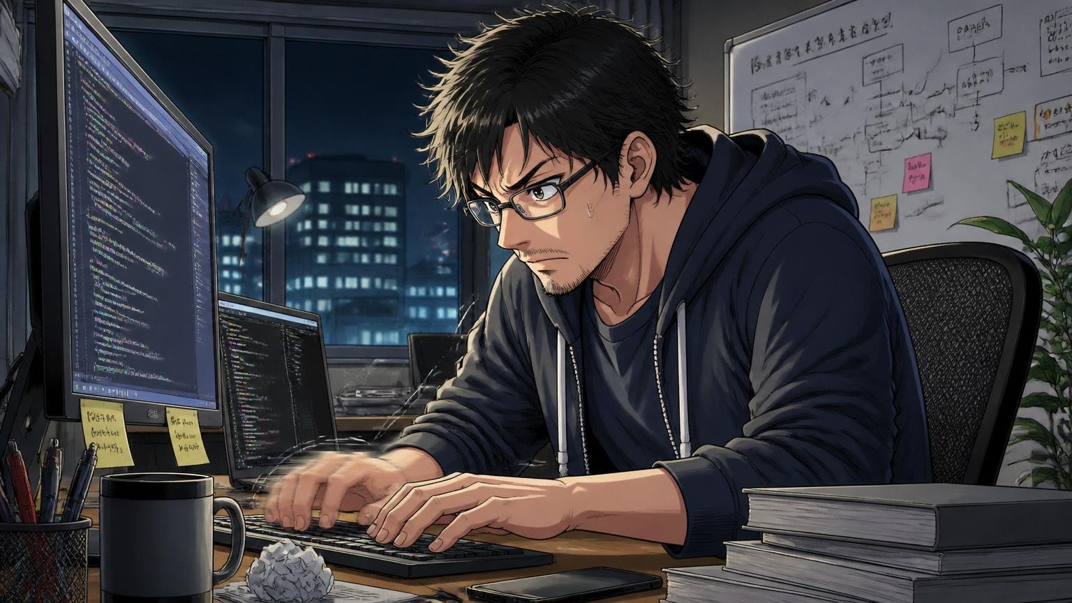 深夜のオフィスでキーボードを叩くエンジニア。Web系スタートアップのオフィス、30代男性1人が暗い部屋でディスプレイの光に照らされて作業