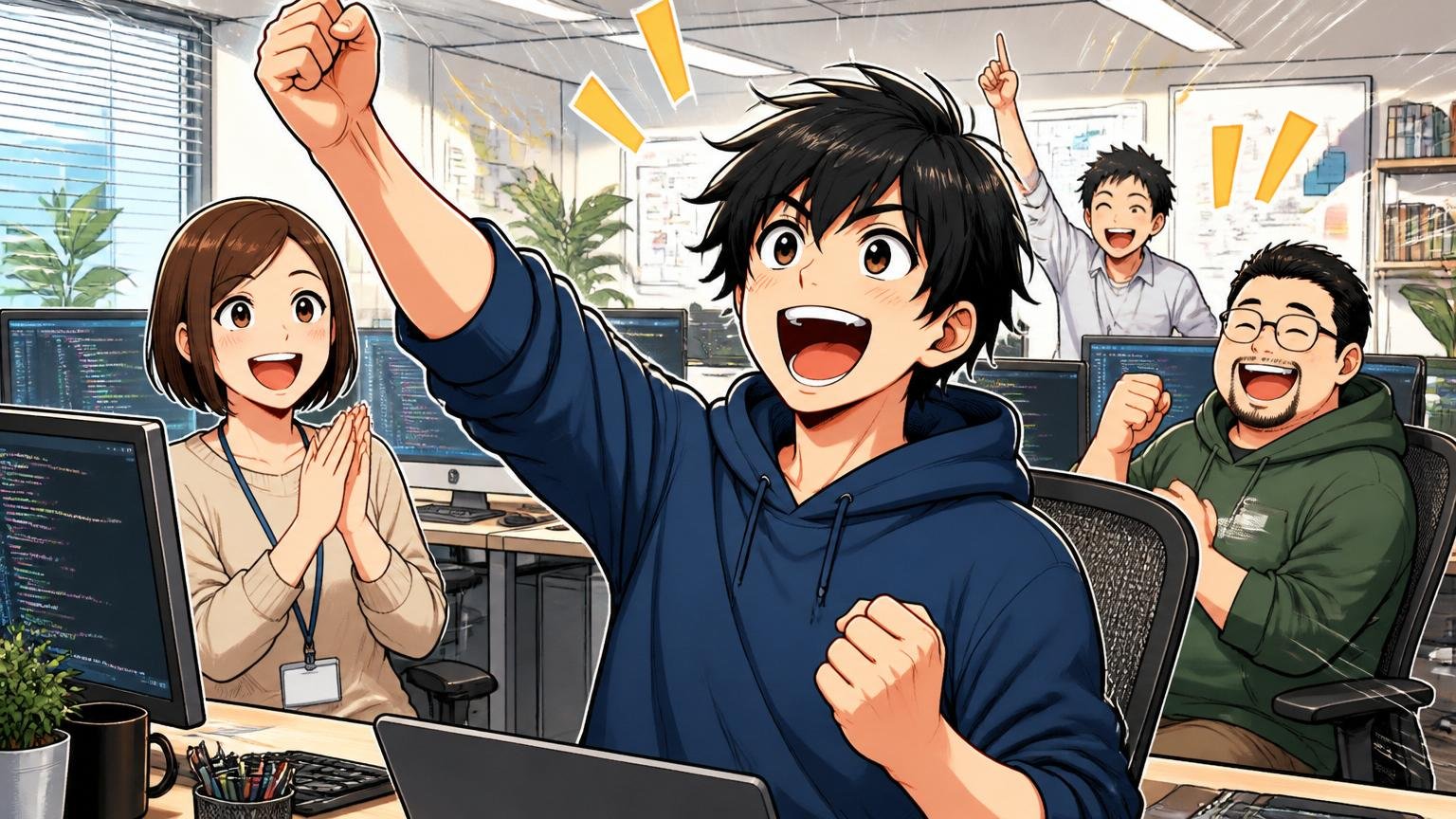 Web系スタートアップのオフィスでガッツポーズをする若手エンジニアと笑顔の同僚