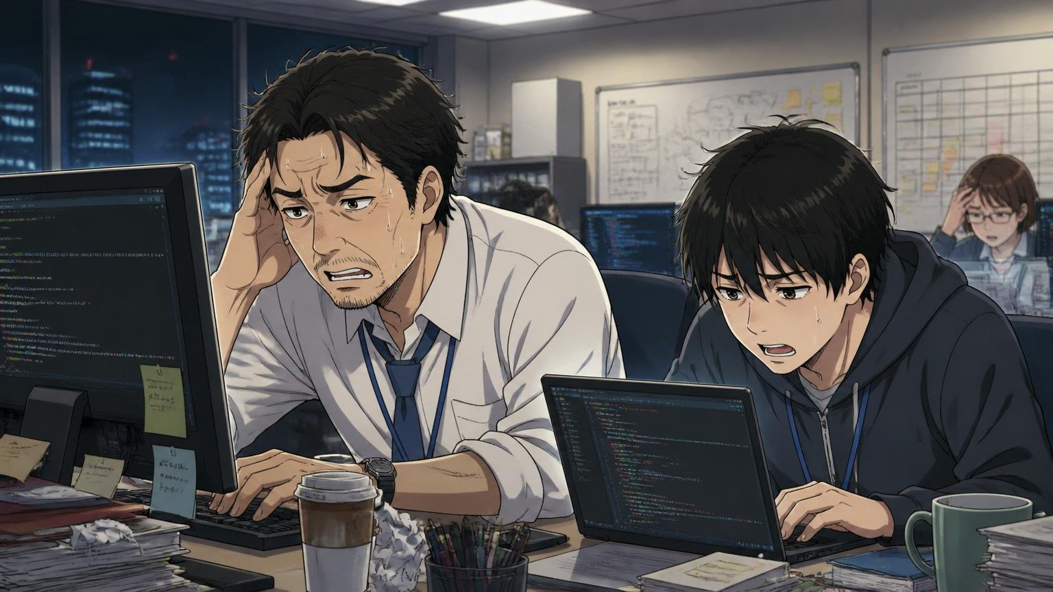 深夜のオフィスでDX案件の納期前に残業対応している30代エンジニアと若手エンジニアの疲労した表情