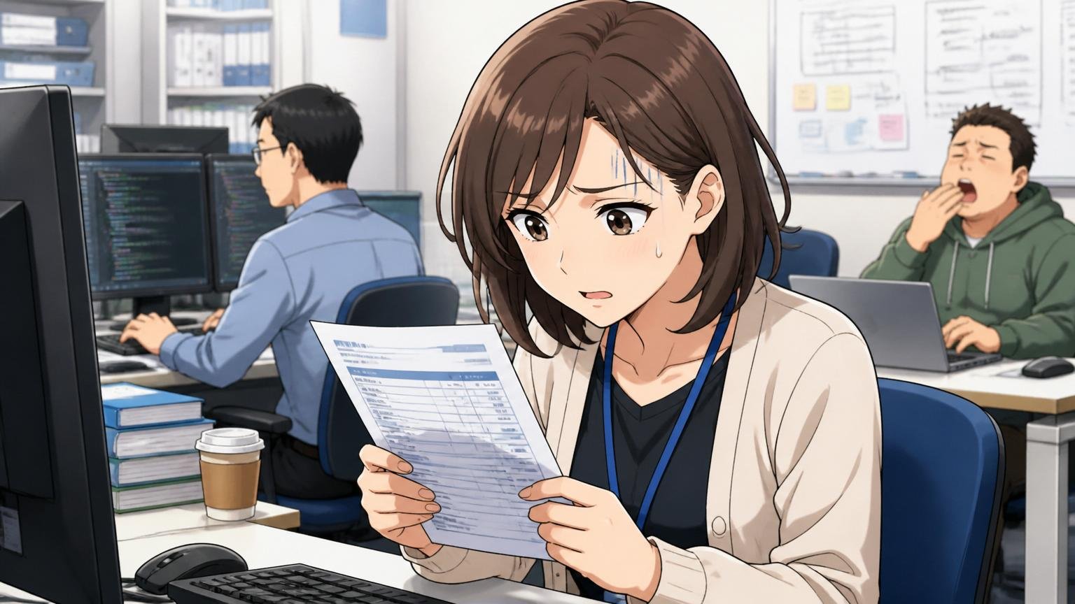 年功序列寄りで昇給ペースが緩やか。SIerの開発現場で30代女性エンジニア1人が給与明細を見て困った表情