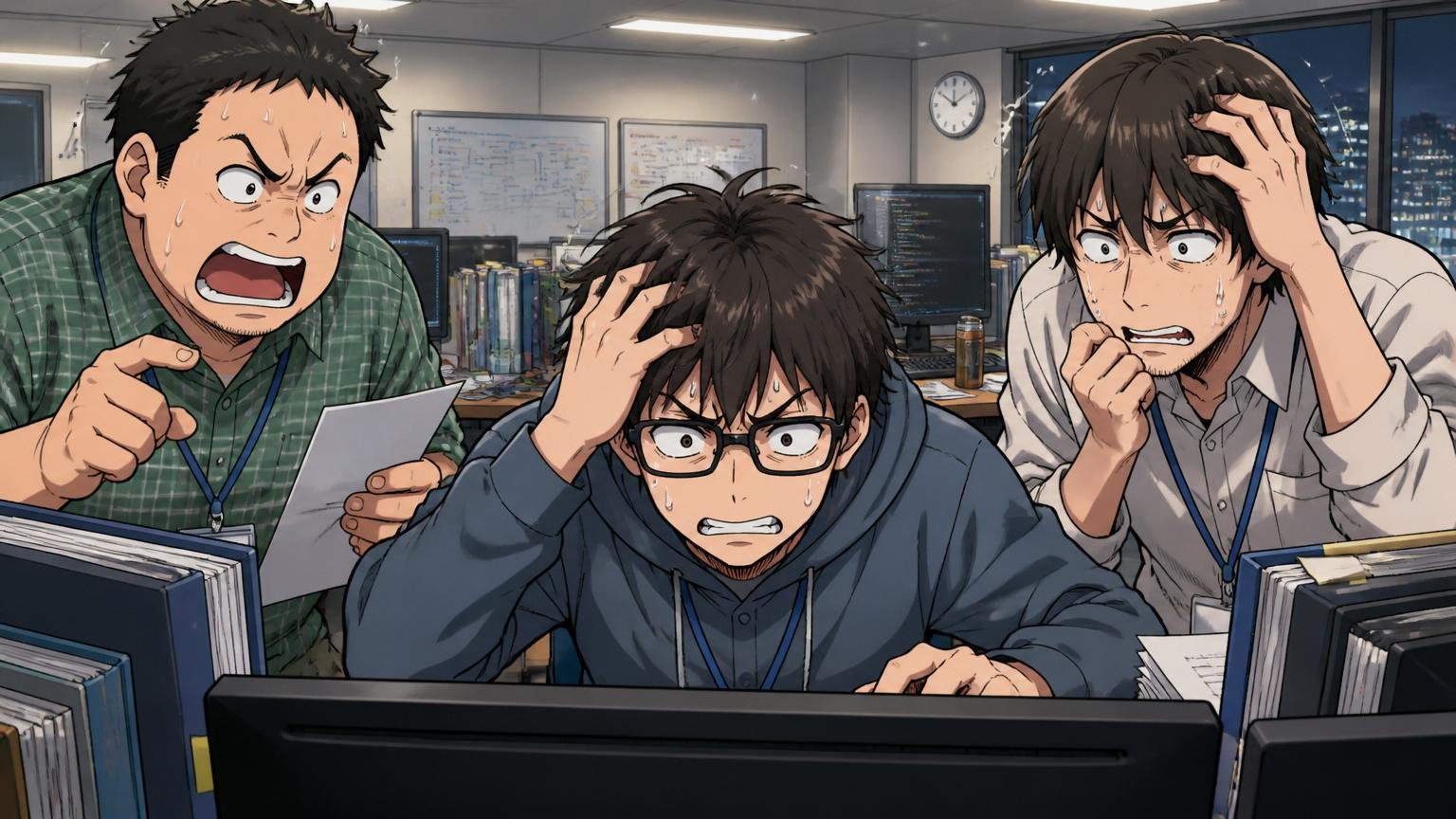 プロジェクトガチャ。場所=SIerの開発現場。登場人物=3人のエンジニア。動作=深夜にモニター前で険しい表情