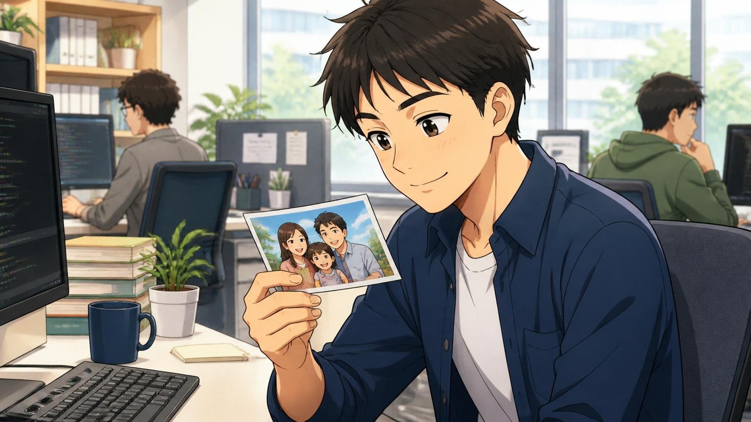 企業のオフィスで子育て世代のエンジニアが家族の写真を見ながら穏やかに笑う男性1人