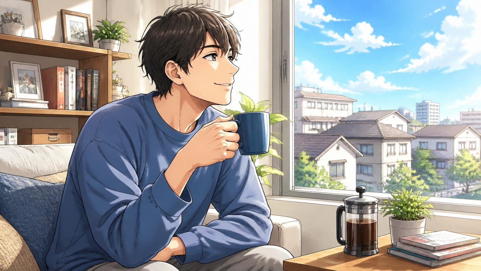 休日の自宅でリラックスしてコーヒーを片手に窓辺で外を眺める社会人1人、晴れやかな表情