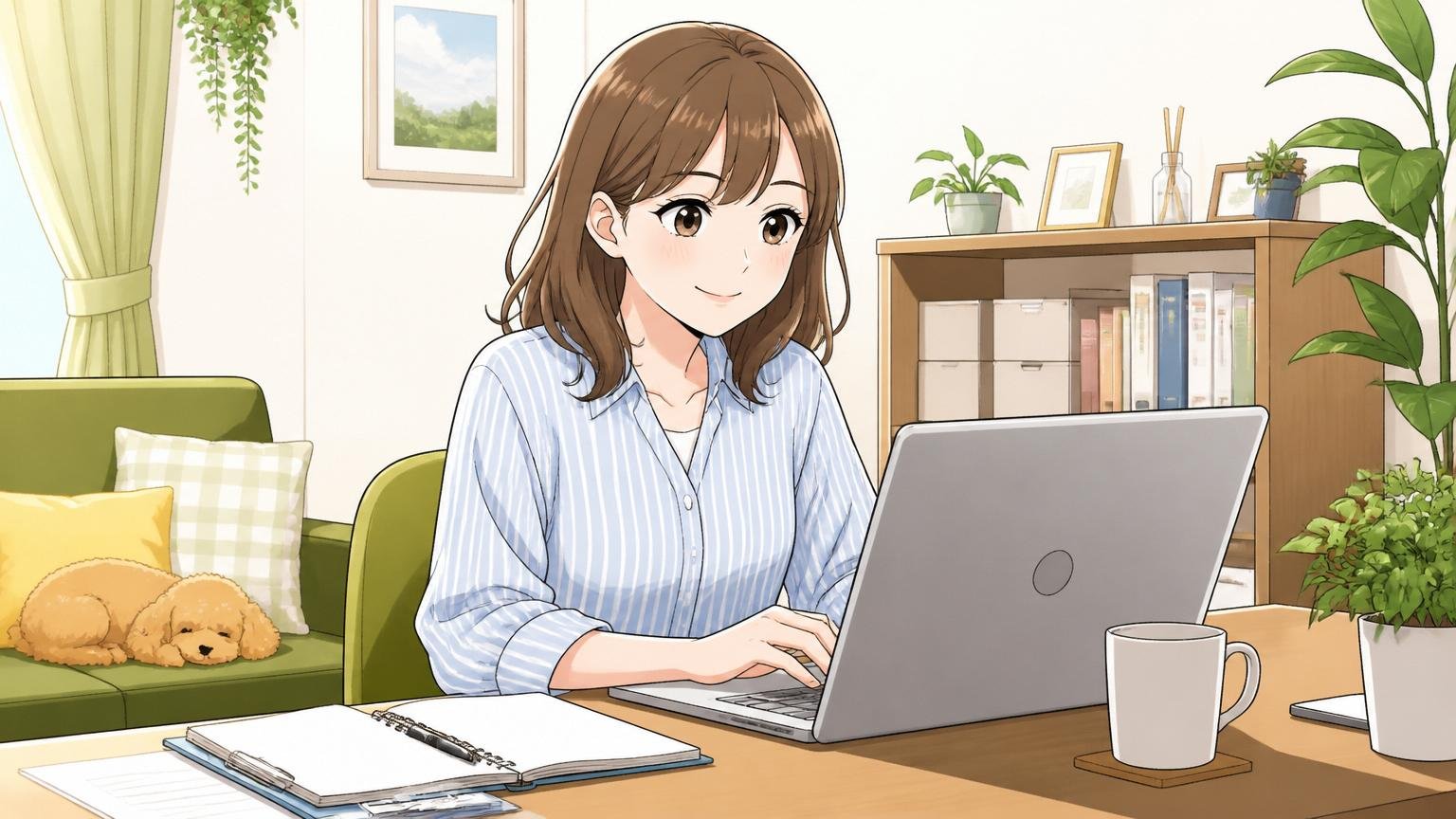 軸②働き方 テレワーク有給残業 自宅のデスクで在宅勤務 30代女性1人がノートPCで穏やかに作業