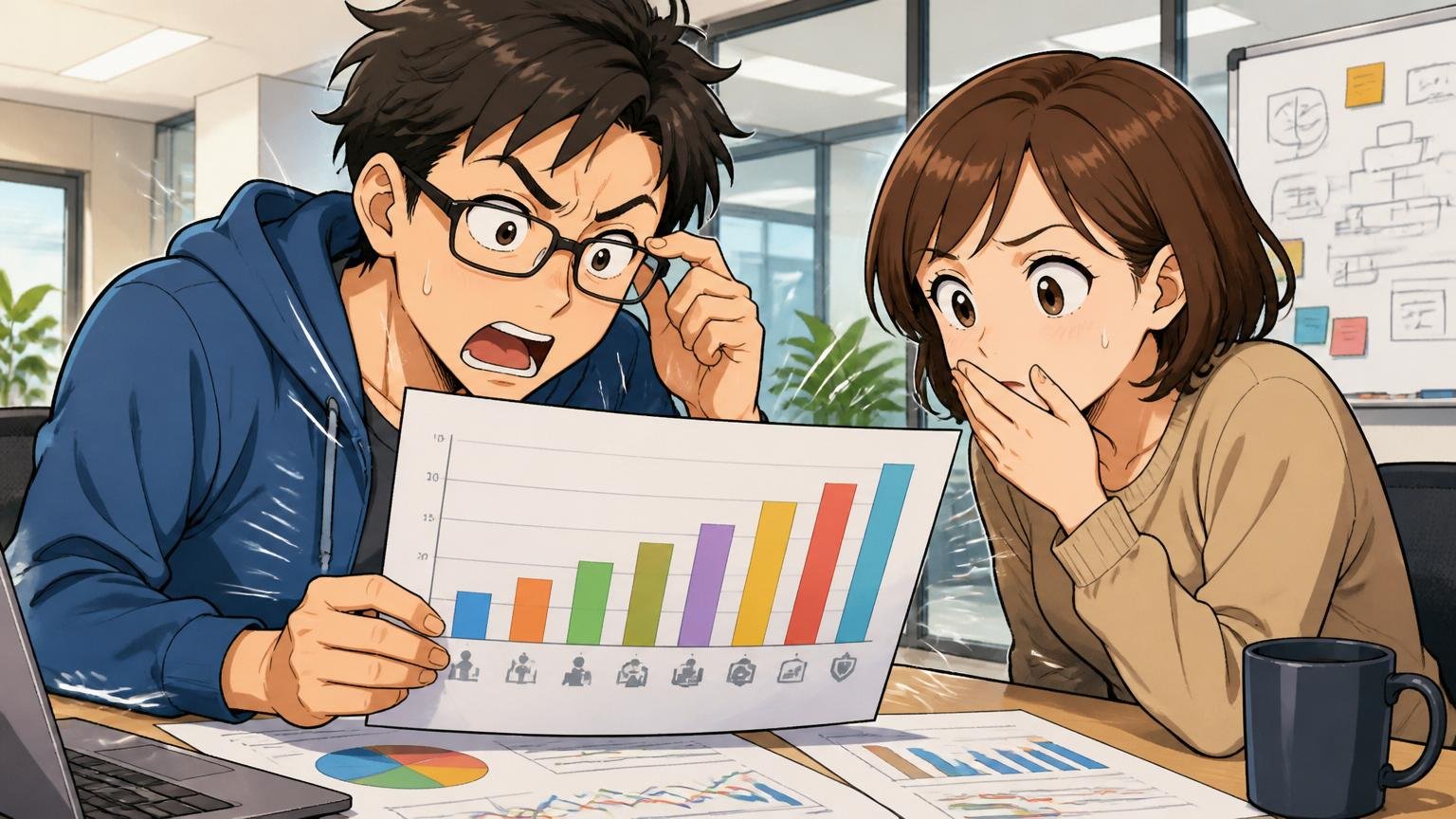 企業の打合せスペースで職種別年収のグラフ資料を眺める30代の男女エンジニア