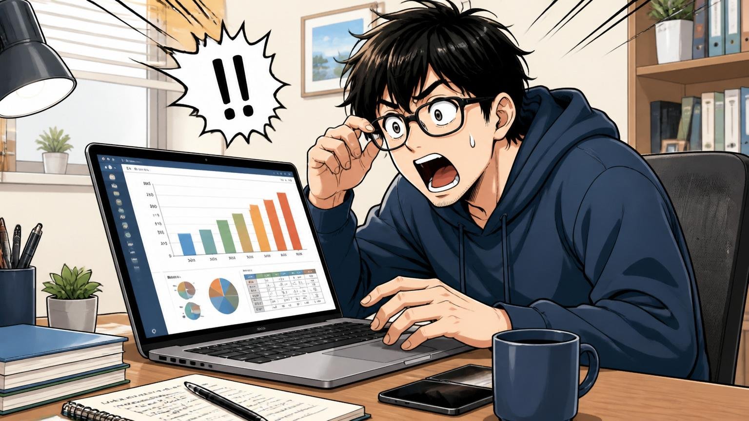 自宅のデスクで在宅勤務中の30代エンジニア1人が業界年収比較データを見て驚いた表情