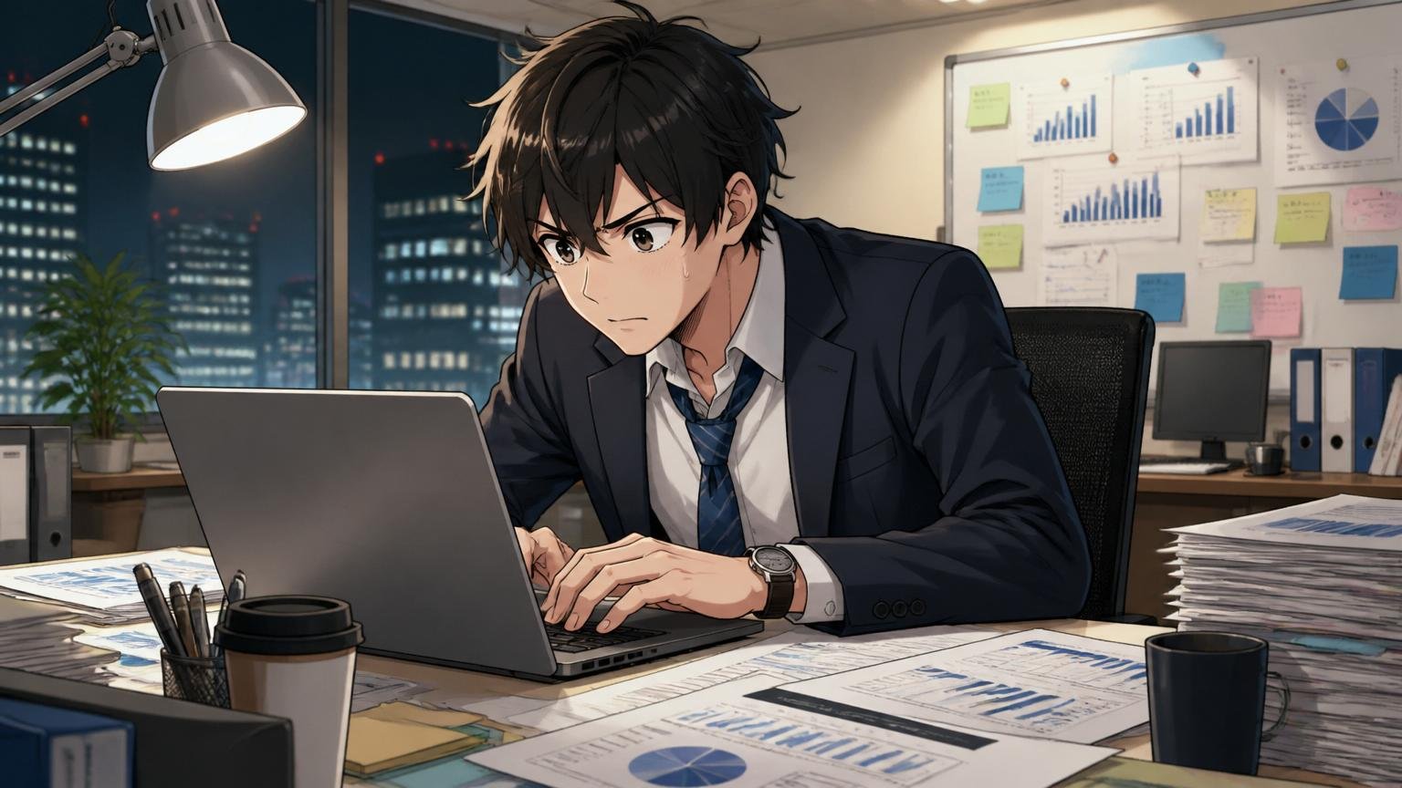 外資系ITの営業オフィスで深夜に資料作成をする営業担当者がノートPCに向き合う様子
