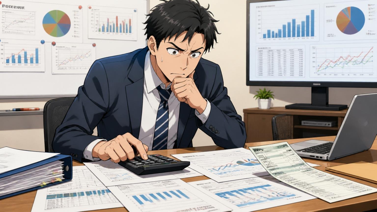 年収552万円は本当に低いのか？SI業界相場と比較。SIerの会議室で30代男性が市場調査資料と給与明細を並べて電卓を叩き比較分析の表情を浮かべる