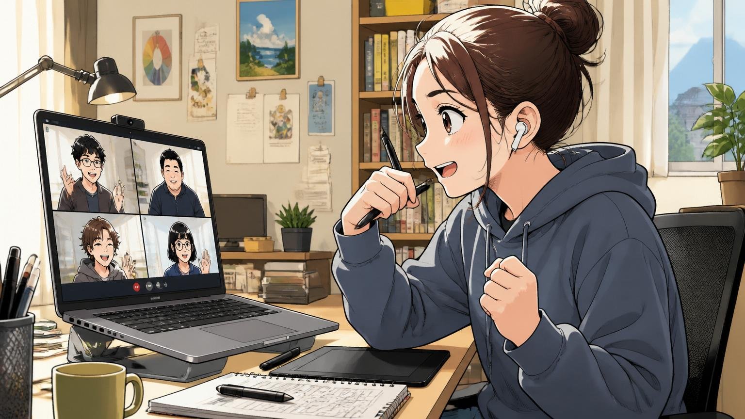 自宅で在宅勤務するデジタルクリエイター。在宅のデスクで女性1人、ノートPC越しにオンライン会議に集中