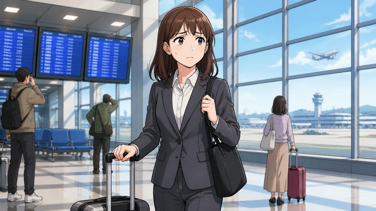 希望と異なる地方拠点への配属／空港の出発ロビー／20代女性エンジニア1人／スーツケースを引きながら不安そうな表情