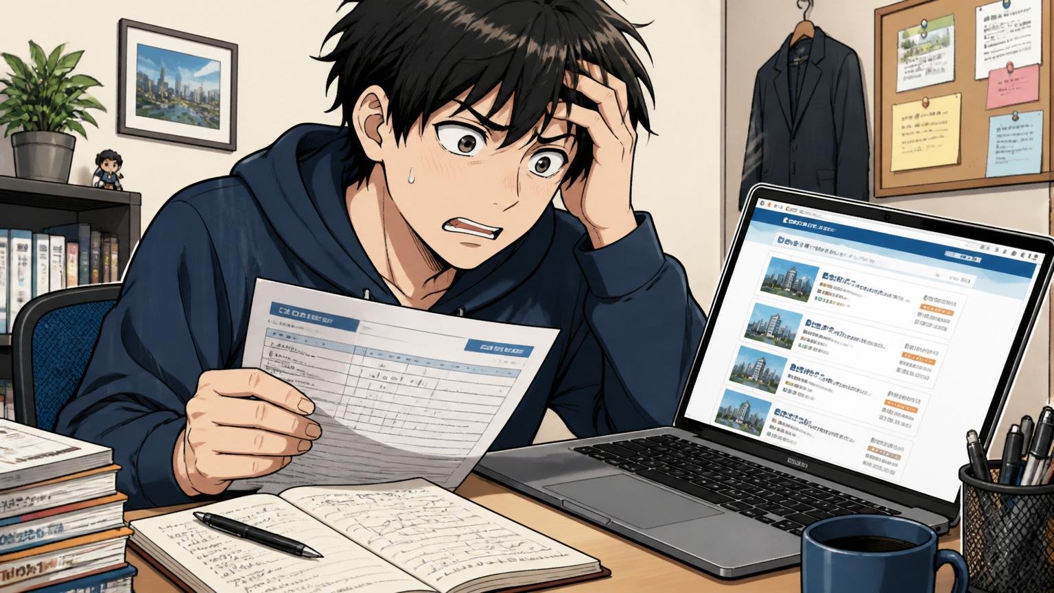 年収カーブの違いに悩む若手エンジニア。自宅のデスクで20代男性が給与明細とノートPCの転職サイトを見比べる