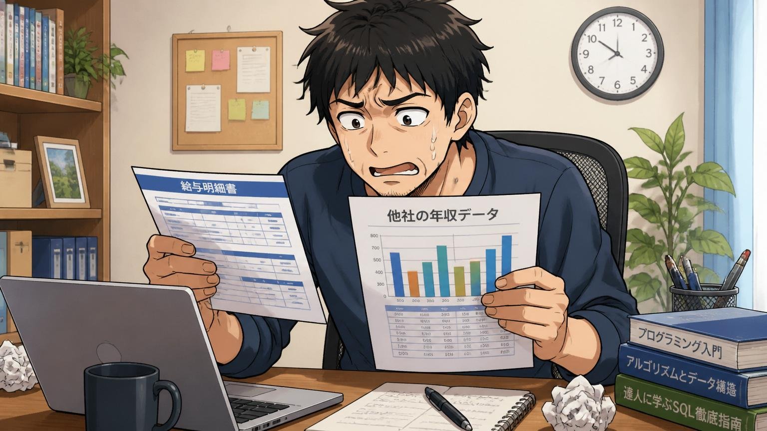 自宅のデスクで在宅勤務中の30代エンジニア1人、給与明細と他社の年収データを見比べて複雑な表情