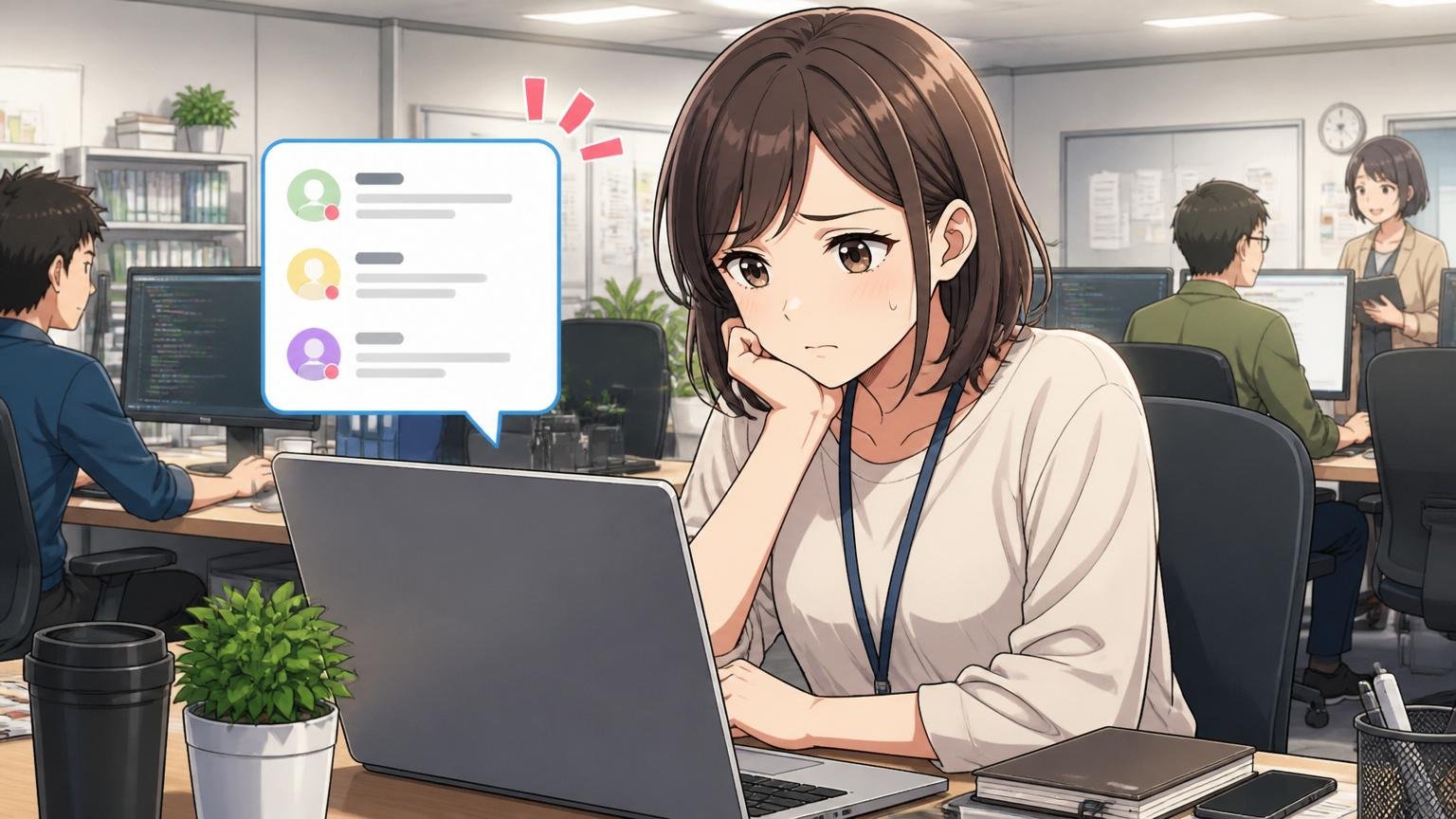 Web系自社開発企業のオフィスでチャットツールの通知を見ながら退職検討を悩む30代女性エンジニア
