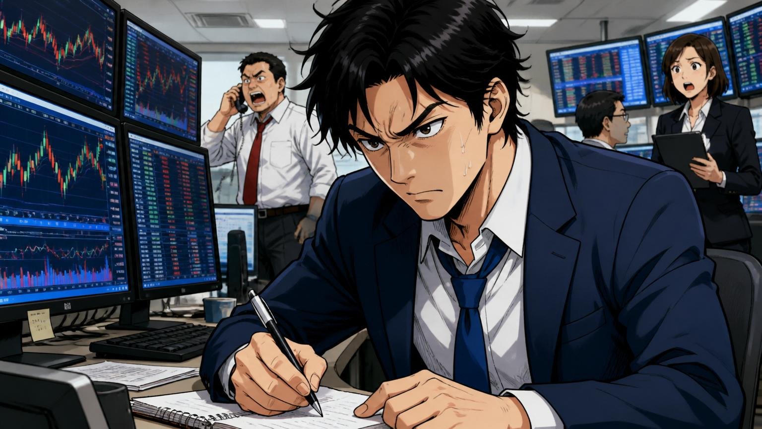 投資銀行のフロアで複数のディスプレイの株価チャートを見ながら30代男性が険しい表情でメモを取っている