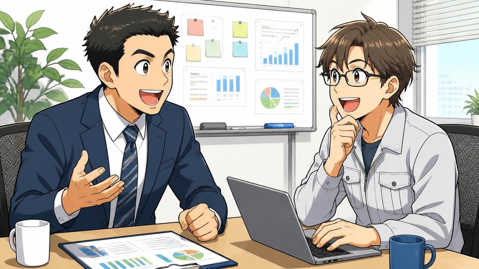 企業の会議室で営業担当とエンジニアが月1面談を笑顔で行っている