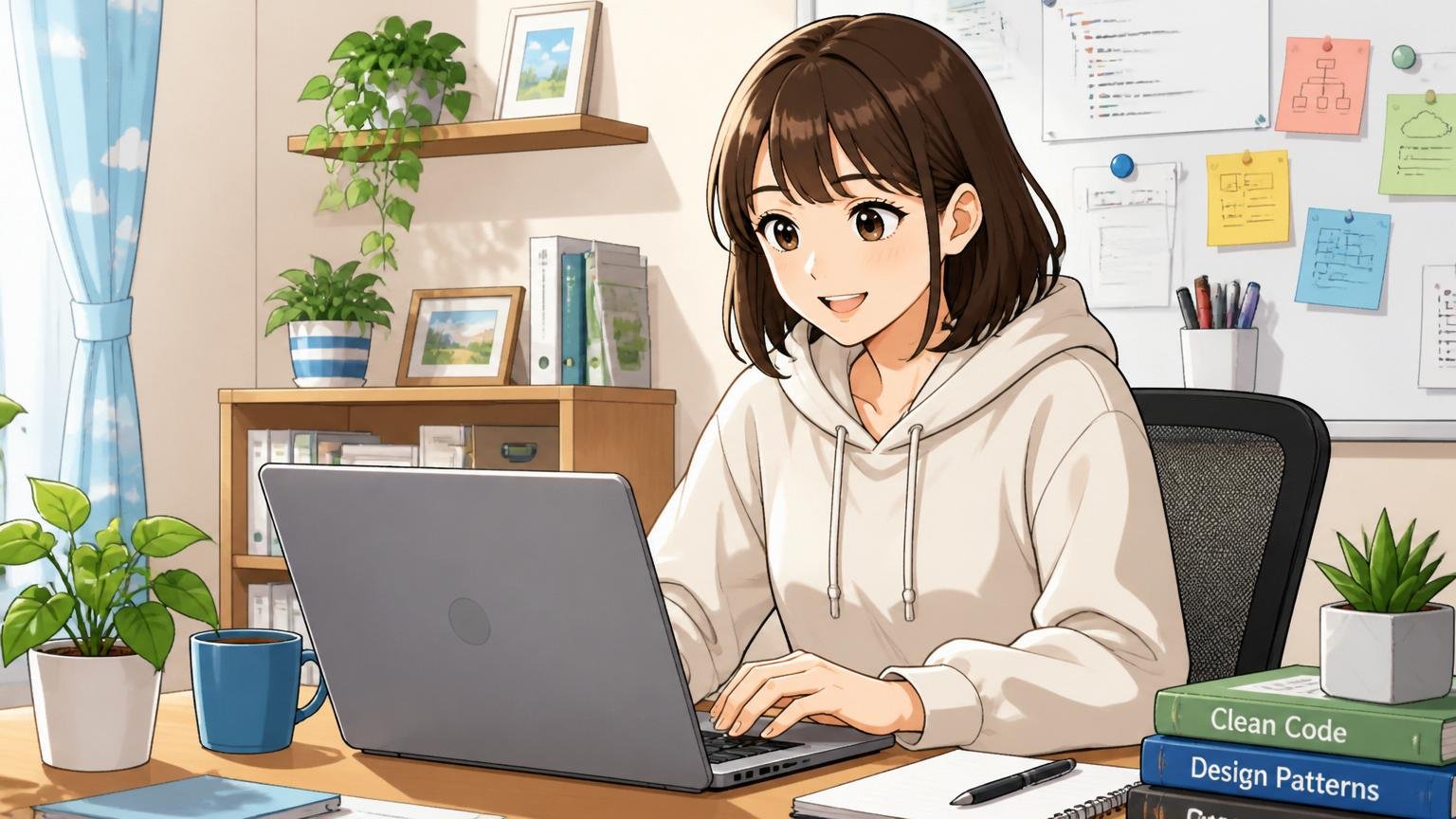 ポジティブ口コミの実例。自宅のデスクで在宅勤務中の女性ITエンジニア1名がノートPCに向かい穏やかに笑顔で作業している様子