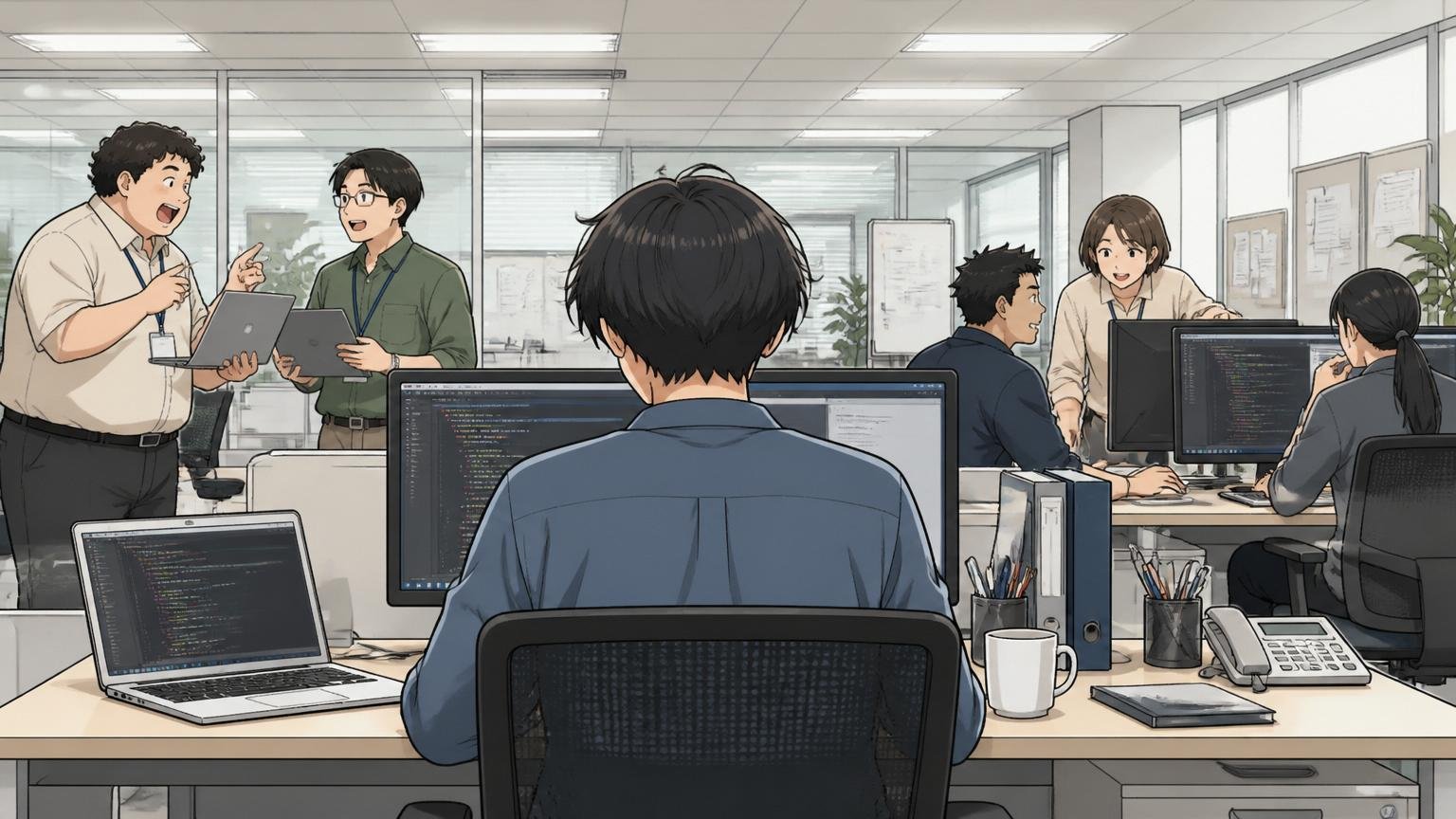 客先のオフィスで他社のエンジニアたちに混じってたった一人で作業する若手エンジニアの孤立した後ろ姿
