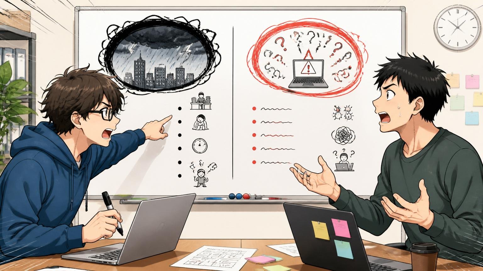 企業の会議室で2名のエンジニアが「ブラック」と「やばい」の違いをホワイトボードに整理しながら議論している
