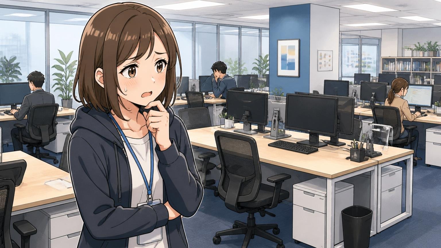 メガベンチャーのオフィスで複数の空席のデスクを見ながら困った表情を浮かべる女性エンジニア