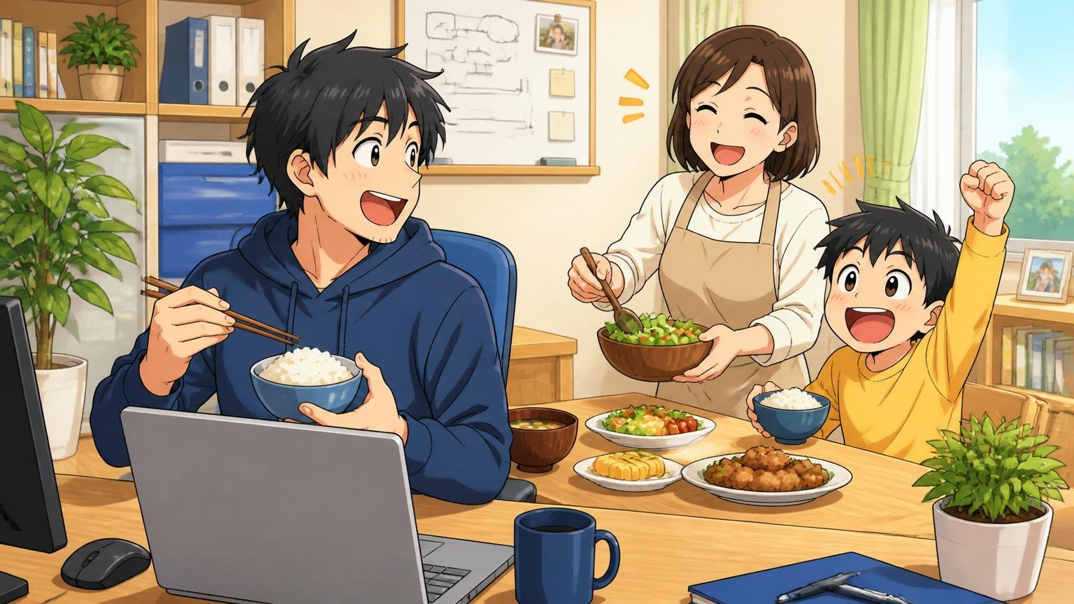 年間休日120日超とテレワーク。自宅のデスクで在宅勤務するエンジニアが家族と昼食をとるリラックスした場面