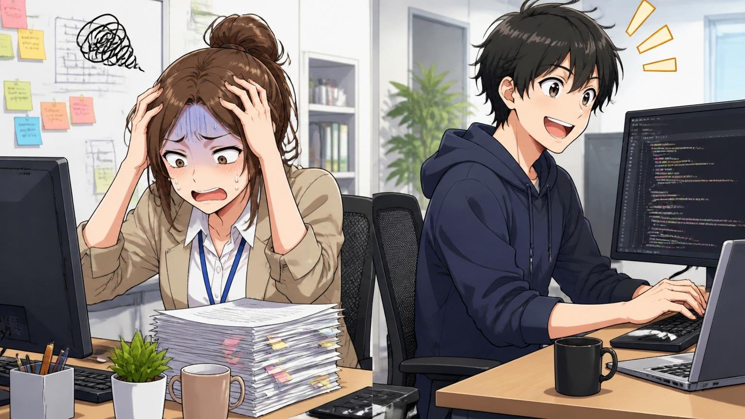 個人とのミスマッチ。Web系オフィスで30代女性エンジニアが頭を抱える表情の隣で20代男性が楽しそうにコーディングする対照的なシーン