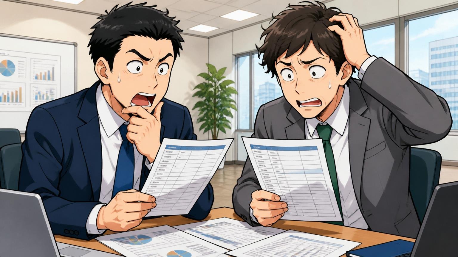 企業の会議室で給与明細を見比べるコンサルタント2人、賞与の有無について話し合う複雑な表情