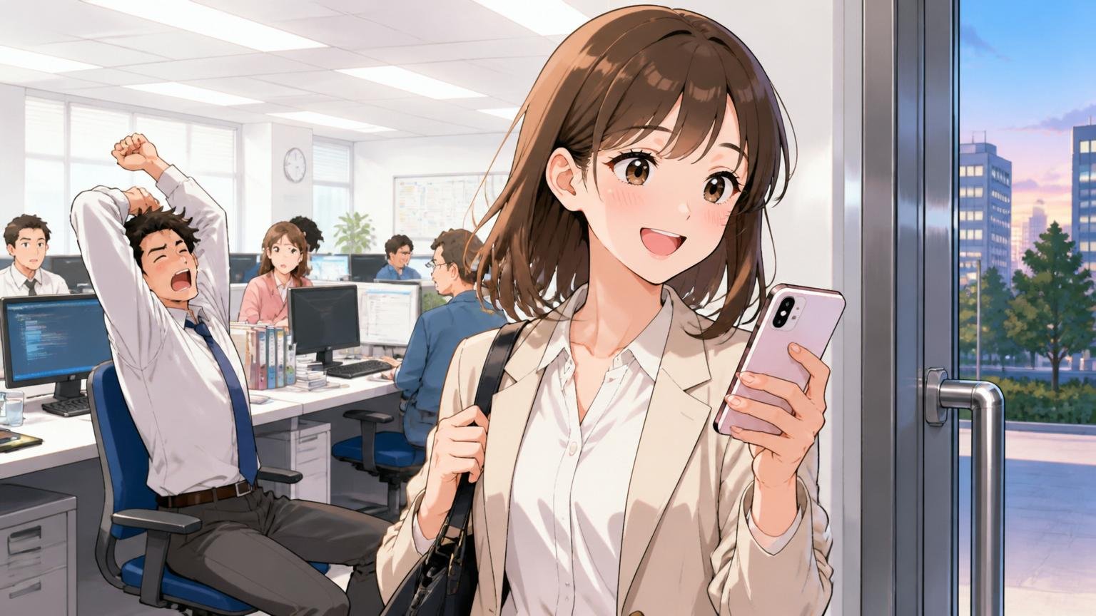 SIerのオフィスで20代女性エンジニアが定時で退社しスマホを見る笑顔