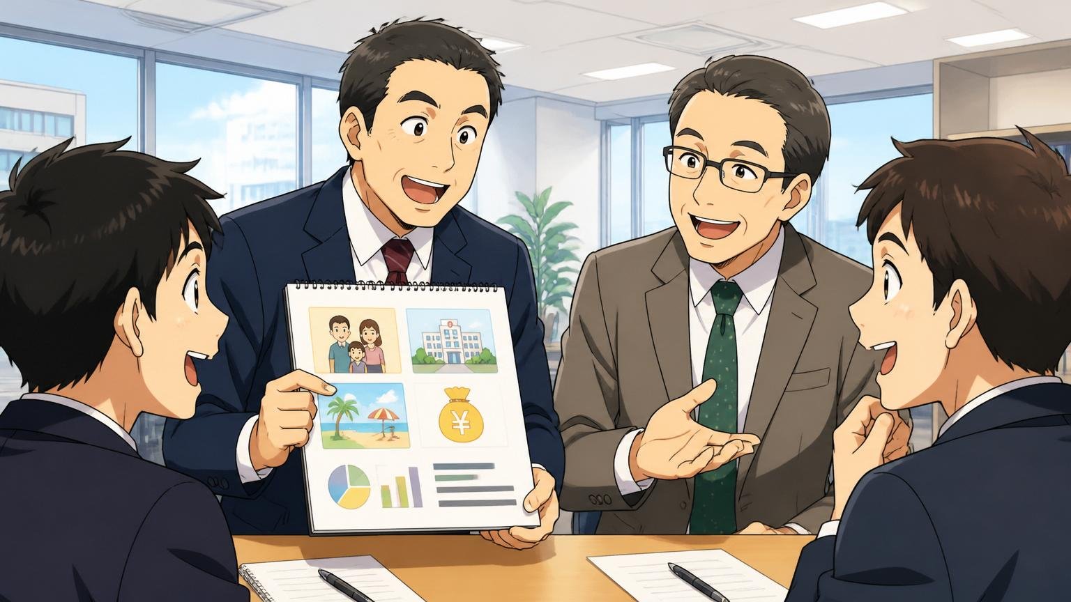 企業のオフィスでベテラン40代男性社員2人が後輩の若手2人に福利厚生制度や退職金について和やかに説明している