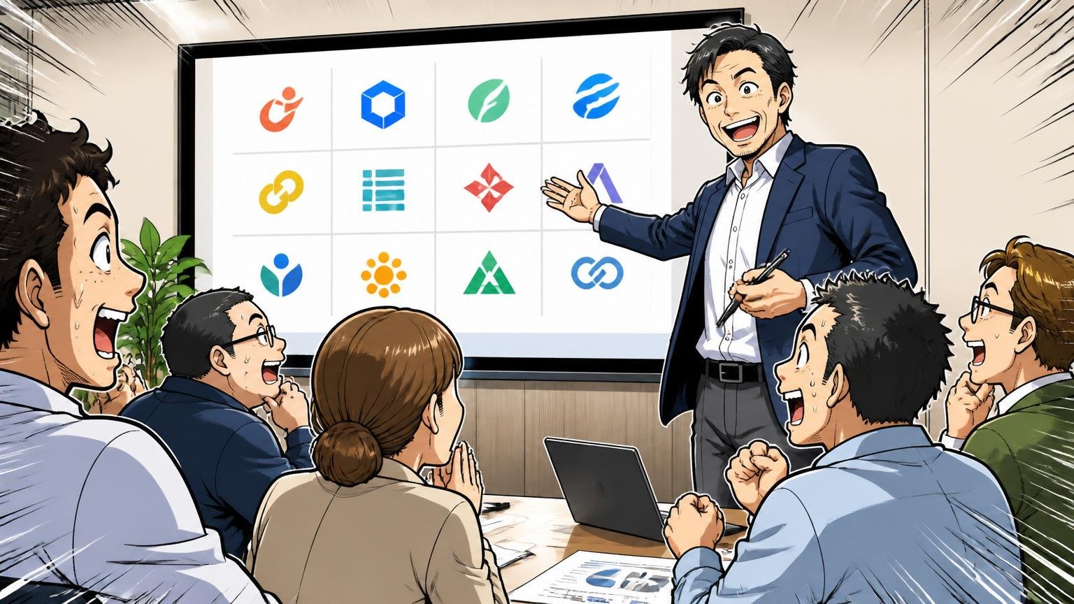 企業の会議室で複数の企業ロゴが並ぶスクリーンを前にプレゼンする40代男性アドバイザー