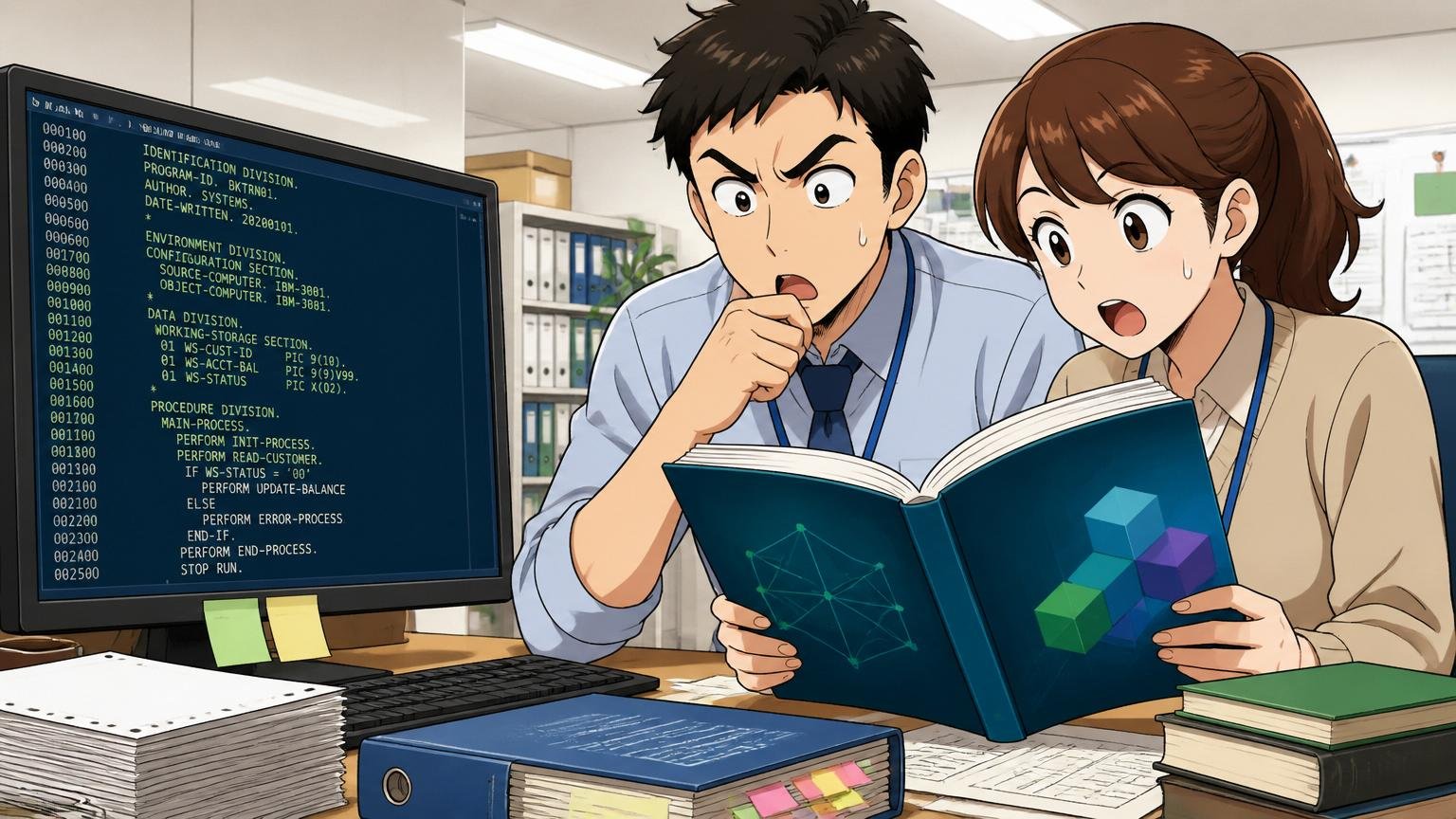 銀行系基幹システムのCOBOLコードレビュー画面とモダンな技術書を並べて見比べる男女エンジニア2人